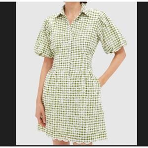 TUCKERNUCK green white checkered embroidered Delaney dress sz M